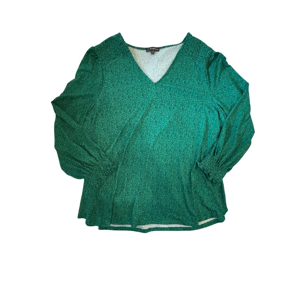 Amanda & Chelsea Green V-Neck Long Sleeve Smocked Cuff Patterned Blouse Top 1X